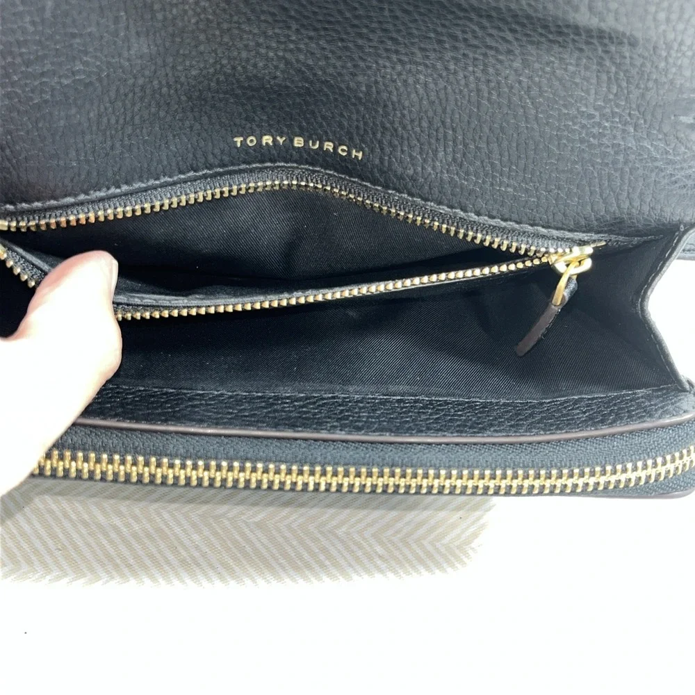 Tory Burch McGraw Flat Pebbled Leather Wallet‎ Crossbody Black Clutch Bag Gold